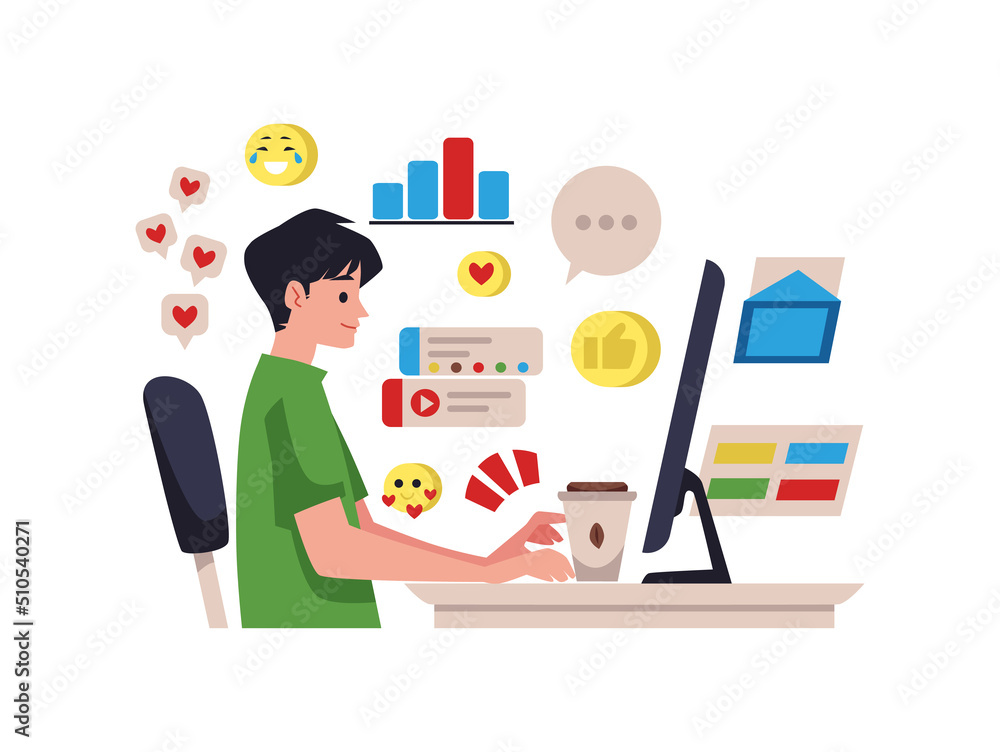 Man working as social media manager, developing strategies and content, flat vector illustration on white. Man working as social media manager, developing strategies and content, flat vector illustration on white.