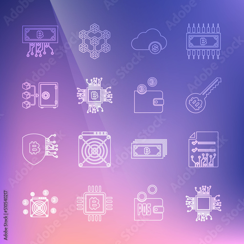 Set line Processor, Smart contract, Cryptocurrency key, cloud mining, CPU farm, Proof of stake, bitcoin with circuit and wallet icon. Vector