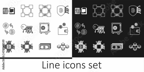 Set line Blockchain technology, Cryptocurrency wallet, key, exchange, Smart contract, Proof of stake and icon. Vector
