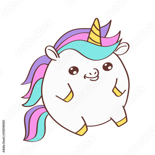Cute Unicorn Clipart for Kids Holidays and Goods. Happy Clip Art Unicorn Plump. Vector Illustration of an Animal for Stickers, Prints for Clothes, Baby Shower Invitation