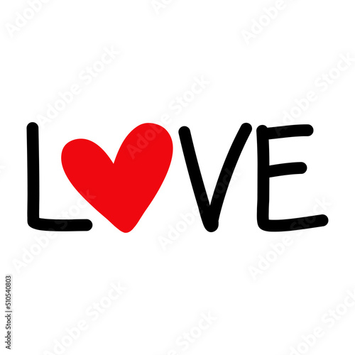 Banner con texto manuscrito Love. Logo para día de san Valentín. Vector con fuente color negro y corazón color rojo. 