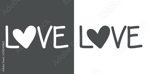 Banner con texto manuscrito Love. Logo para día de san Valentín. Vector con fuente en fondo gris y fondo blanco 