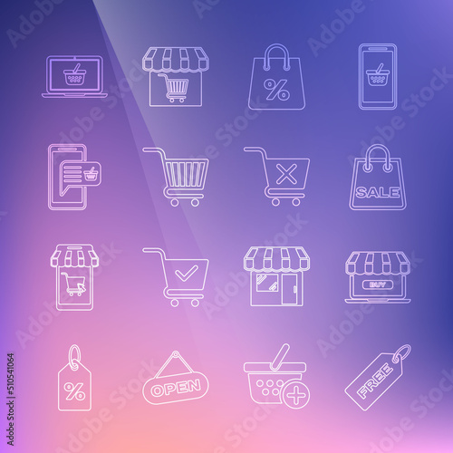 Set line Price tag with Free, Online shopping, Shopping bag Sale, percent, cart, Mobile and basket, on laptop and Remove icon. Vector