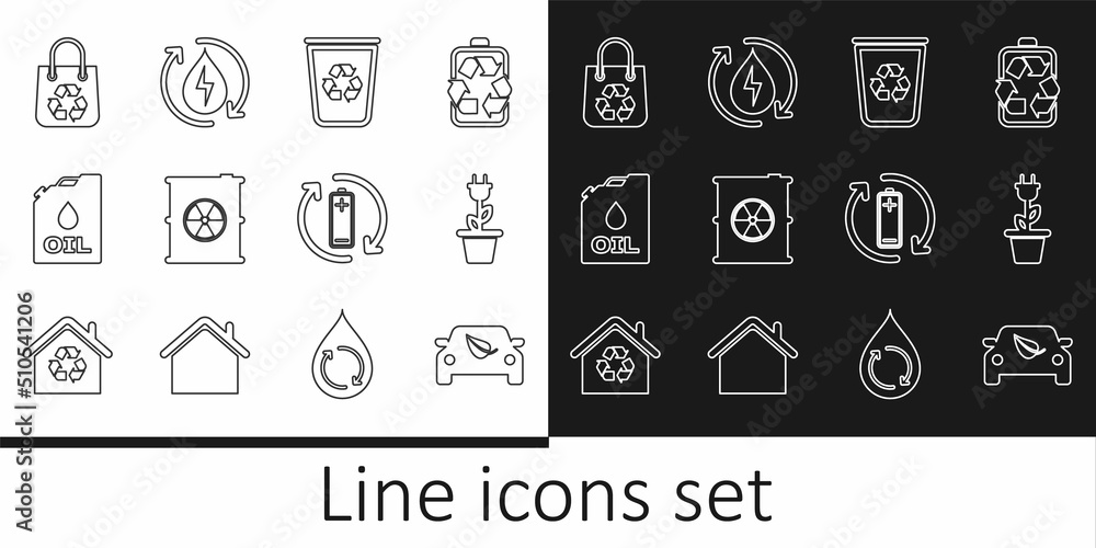 Set line Eco car drive with leaf, Electric saving plug in pot, Recycle bin recycle, Radioactive waste barrel, Canister machine oil, Shopping bag, Battery and clean aqua icon. Vector Set line Eco car drive with leaf, Electric saving plug in pot, Recycle bin recycle, Radioactive waste barrel, Canister machine oil, Shopping bag, Battery and clean aqua icon. Vector