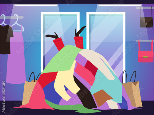 Female legs stick out from a pile of clothes in store, flat vector illustration.