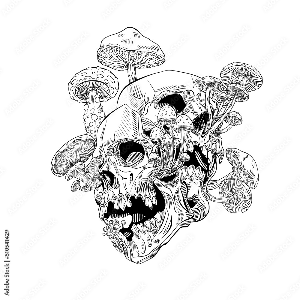 Magic Psychedelic Mushrooms and skull. Hand drawn style print. Isolated