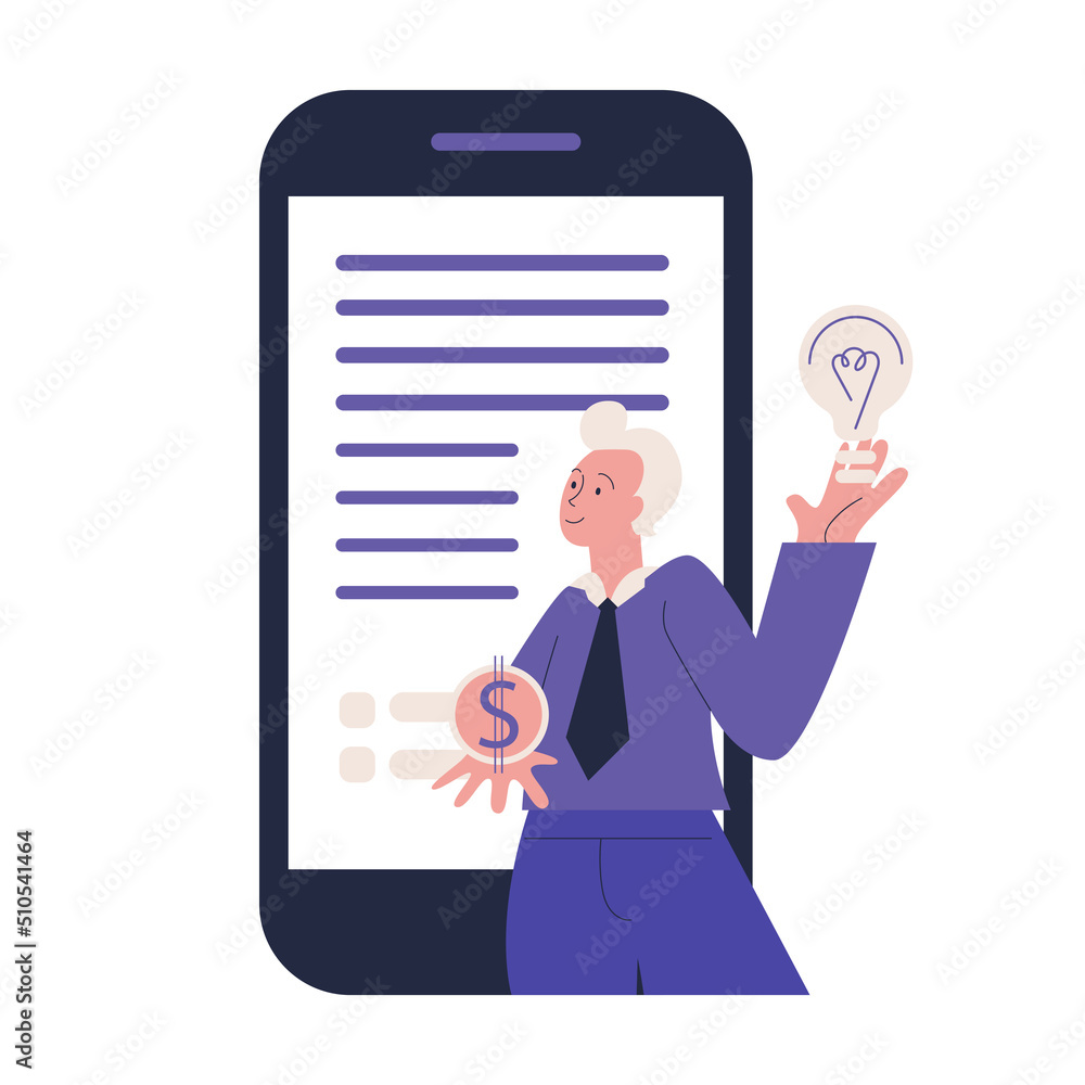 Illustrations of business marketing. A young man has created his business online and earns money from it. Illustrations of business marketing. A young man has created his business online and earns money from it.