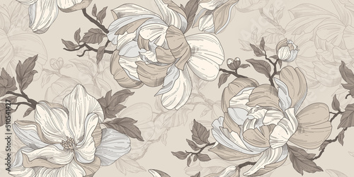 Seamless wallpaper pattern. Beige and silver flowers, leaves and branches. Textile composition, hand drawn style print.