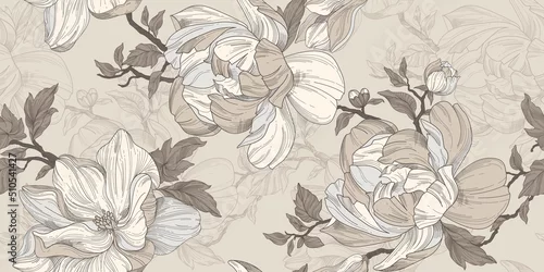 Fototapeta Seamless wallpaper pattern. Beige and silver flowers, leaves and branches. Textile composition, hand drawn style print.
