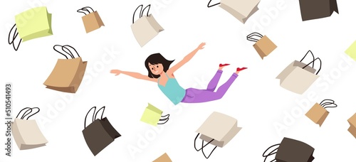 Horizontal banner with happy girl flying among shopping bags flat style
