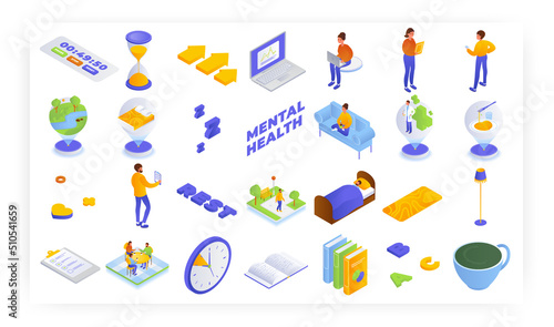 Maintaining physical and mental health, vector isometric icon set. Good rest, sleep, walk outdoors, visiting doctor.