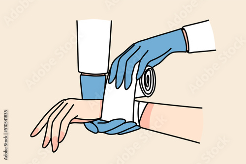 Closeup of doctor put bandage on patient hand. Therapist or nurse give first aid to person with injury or trauma. Medicine and healthcare concept. Vector illustration. 