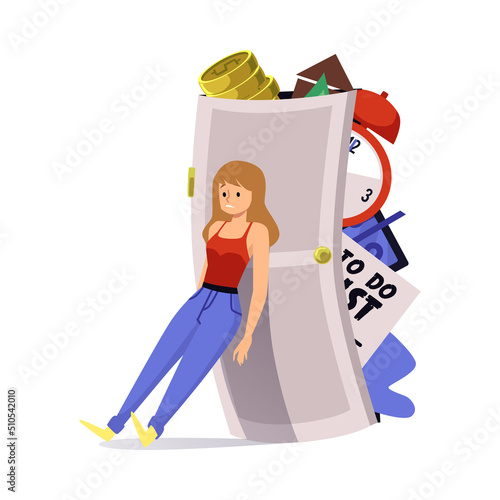 Frustrated woman tries to close door with lots of life burdens, flat vector illustration isolated on white background.