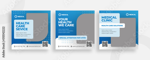 Set of editable templates for Instagram post, Facebook square, medical clinic, advertisement, and business, fresh design with simple color (1/3)