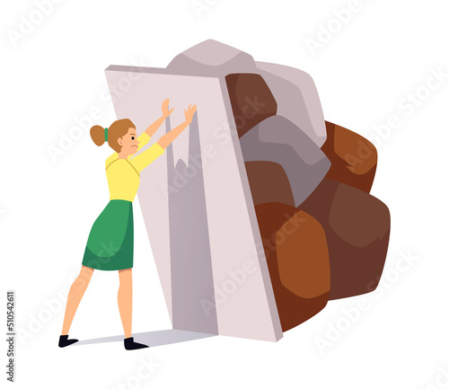 Woman keeps heavy boulders from falling, flat vector illustration isolated.