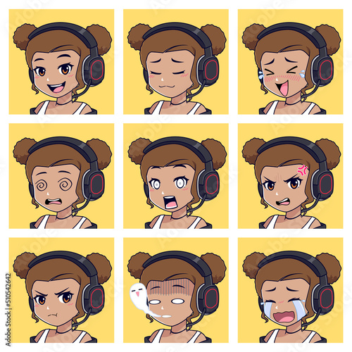 Expressions set of dark skinned gamer girl with headphone smiling, sad, shocked, angry, and crying