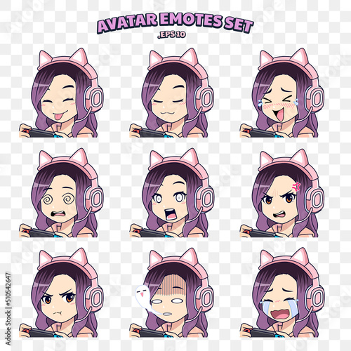 Avatar face emotion set of cute gamer girl with headphone smiling, happy, sad, shocked, angry, and crying for streaming or gaming