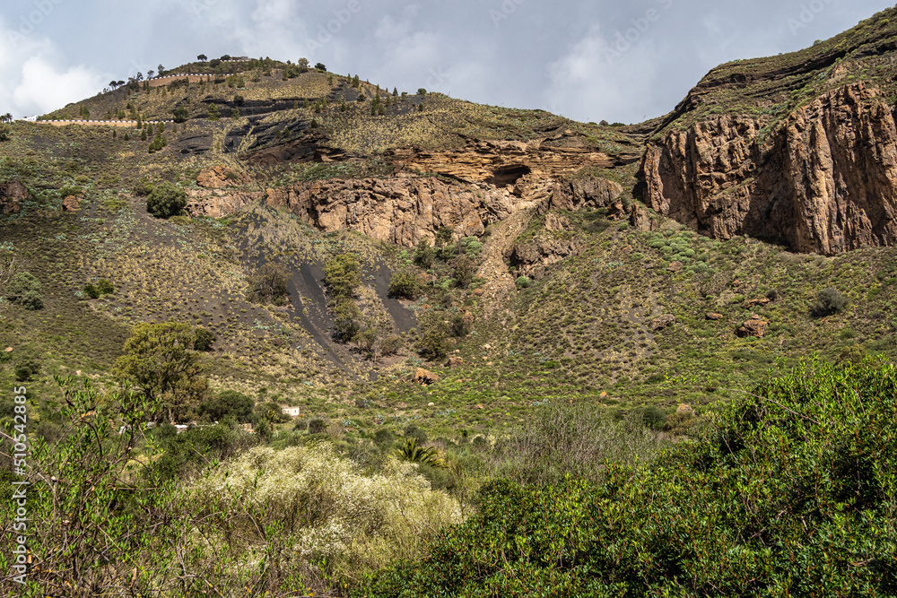 Volcanic landscape of Caldera de Bandama crater with circular hiking trail. Gran Canaria, Spain.