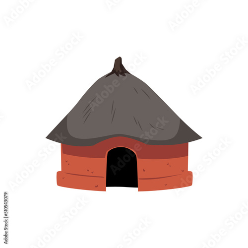 Red African hut with dark thatched roof flat style, vector illustration