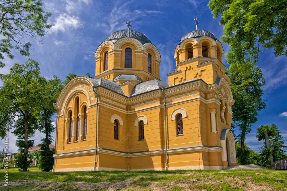 Orthodox church of St. Simeon Slupnik of 1910 built in neo-Byzantine style. Dolhobyczow, Lublin Voivodeship, Poland. - obrazy, fototapety, plakaty 