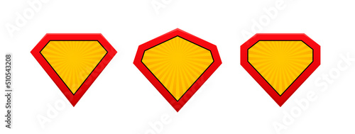 Set superhero shield in retro comic style. Superhero logo isolated on white backdrop. Vector illustration