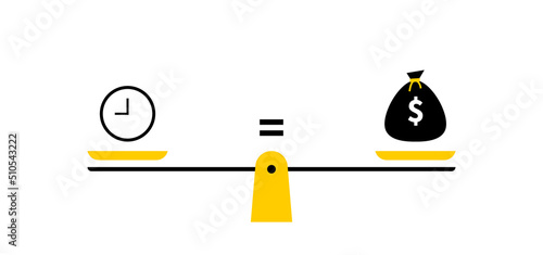 Time is money. Time and money weighing concept to find a balance in life. Vector illustration