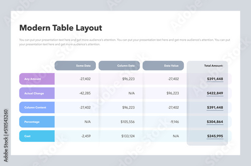 Modern table layout template with a total amount row. Flat design, easy to use for your website or presentation.