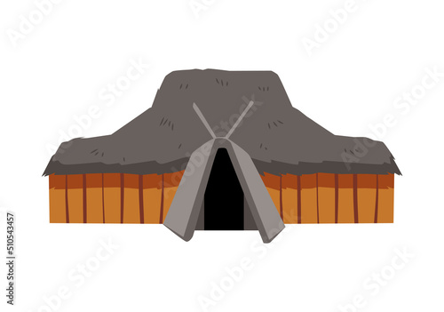 African tribal hut with thatched roof and walls, flat vector illustration isolated.