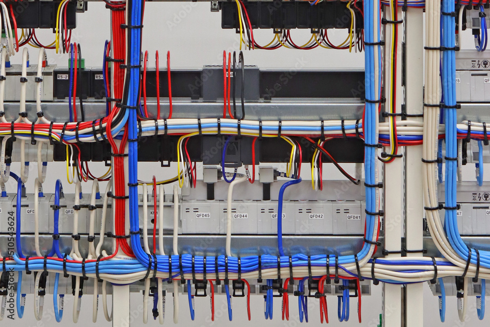 Connection of modules in the control panel for automatic processes with copper electric colored wires.