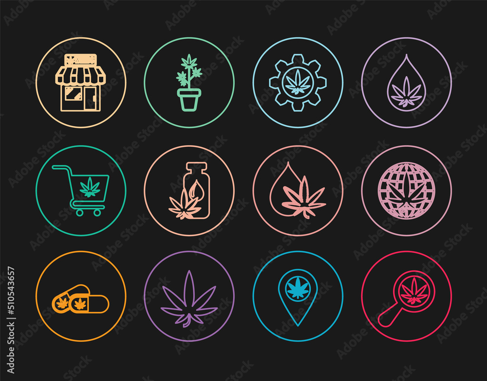 Set line Magnifying glass and marijuana, Legalize, Test tube with, Marijuana or cannabis leaf oil, Shopping cart, store, and plant pot icon. Vector