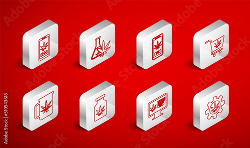 Set line Test tube with marijuana, Online buying, Shopping cart, Medical bottle and Cup tea icon. Vector