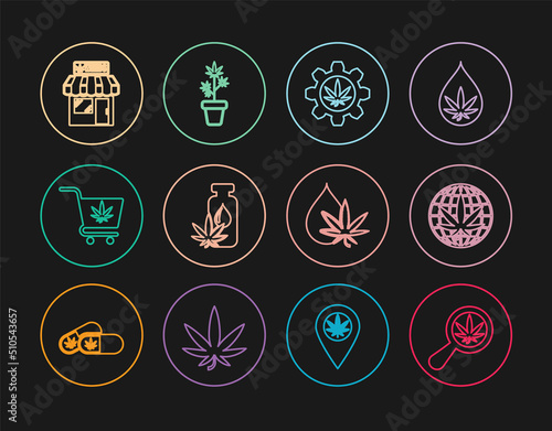 Set line Magnifying glass and marijuana, Legalize, Test tube with, Marijuana or cannabis leaf oil, Shopping cart, store, and plant pot icon. Vector