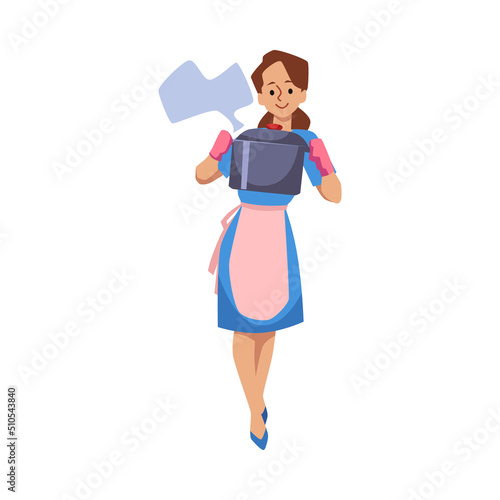 Housewife holding steaming cooking pot flat vector illustration isolated.