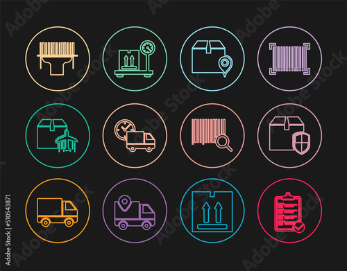 Set line Verification of delivery list, Delivery box security shield, Location with cardboard, truck and clock, Plane, Scanner scanning bar code, Search barcode and Scale icon. Vector