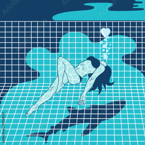 A beautiful, graceful woman in a swimming pool under water. A metaphor. Shark.