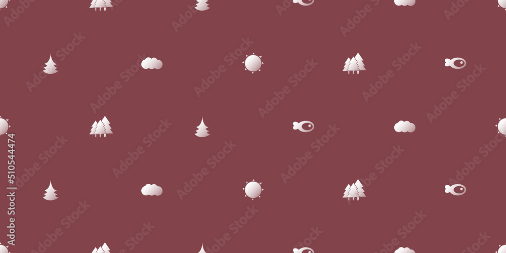 Rows of White Pine Trees, Fishes, Suns and Clouds on Brown Background, Seamless Texture for Web, Business and Wrapping Paper - Template in Editable Vector Format Rows of White Pine Trees, Fishes, Suns and Clouds on Brown Background, Seamless Texture for Web, Business and Wrapping Paper - Template in Editable Vector Format