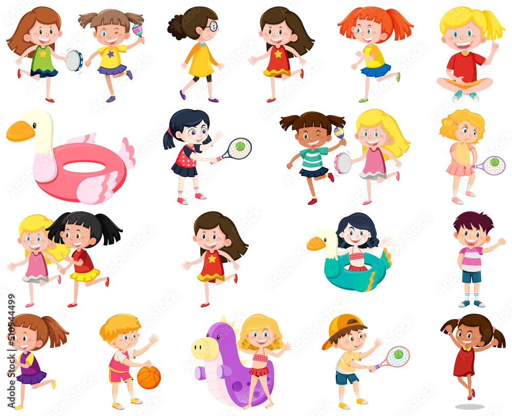 Set of children doing different activities Set of children doing different activities