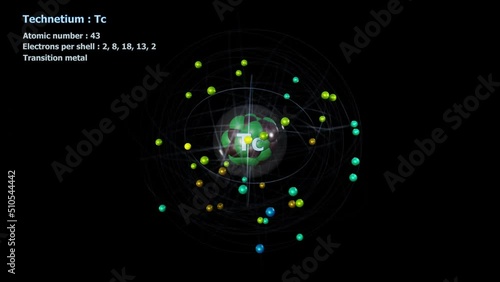 Atom of Technetium with 43 Electrons in infinite orbital rotation on black