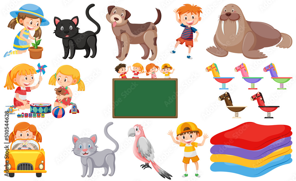 Set of cute kids and objects Set of cute kids and objects