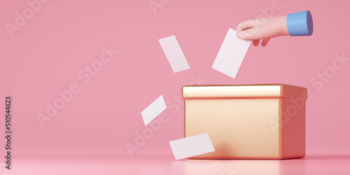 3D Vote concept. Hand pick paper into vote box. 3d rendering