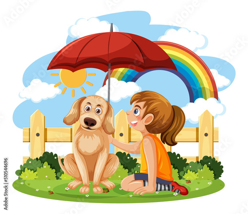 Cartoon girl and a dog with rainbow in the sky