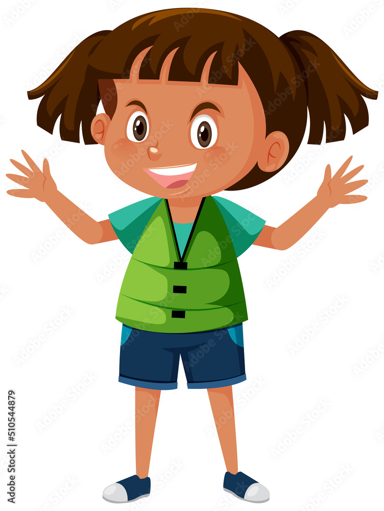 Little girl wearing green life jacket in cartoon style Little girl wearing green life jacket in cartoon style