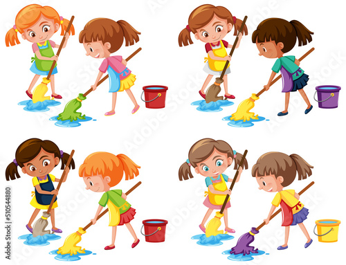 Girl mopping the floor on white background
