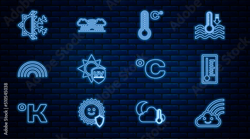 Set line Rainbow with cloud, Meteorology thermometer, UV protection, Sun and snowflake, Celsius and clouds icon. Vector