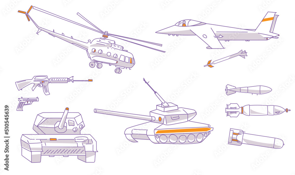 Collection of military objects. Blue outline icons of weapon, graphic of bomb, rocket, warhead, shell, missile. Symbols of plane, helicopter, tank, guns. Antiwar concept on white background, vector
