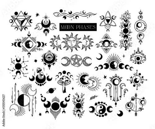 Mystical floral moon phases isolated clip arts bundle, celestial collection of moon and flowers, magic phase of the Moon silhouettes set, esoteric hand drawn objects - black color vector images