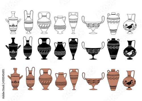 Antique Greece black white and terracotta vases. Ancient greece vessels and amphoras for wine or oil, ornate old vases isolated clip art bundle, vector hand drawn images