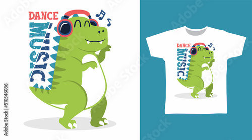 Dinosaur with headphone cartoon tshirt and apparel design