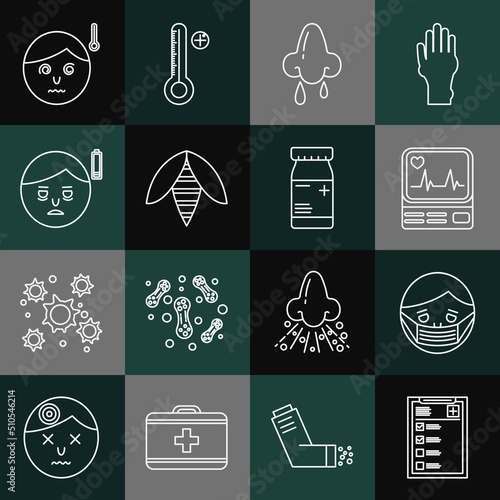 Set line Clinical record, Face protective mask, Monitor with cardiogram, Runny nose, Bee, Fatigue, High human body temperature and Medicine bottle and pills icon. Vector