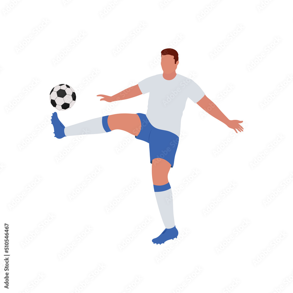 Cartoon Soccer Player Kicking Ball On White Background.